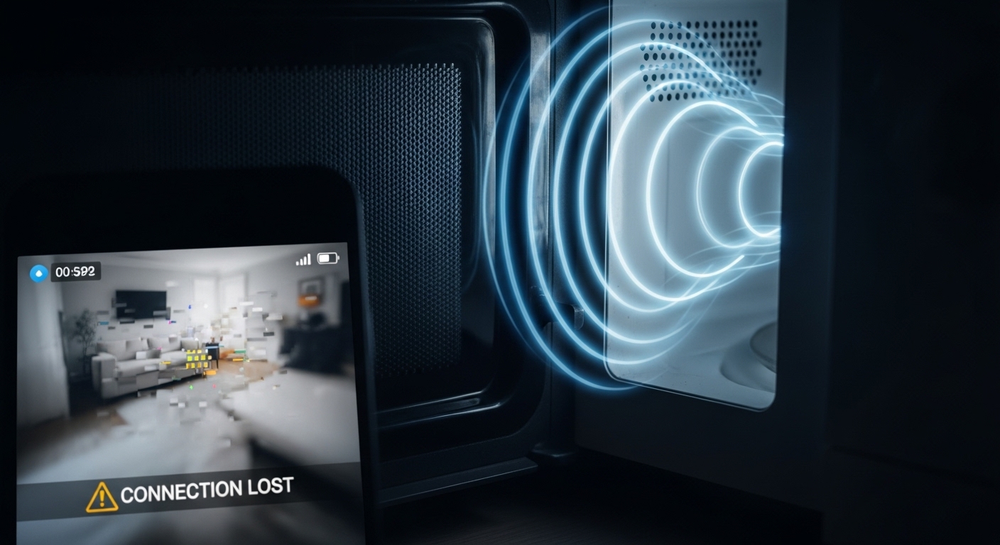 Microwave oven leaking electromagnetic energy and disrupting a WiFi signal.