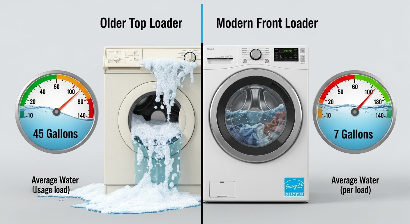 A side-by-side comparison of an old washing machine and a new high-efficiency washing machine.
