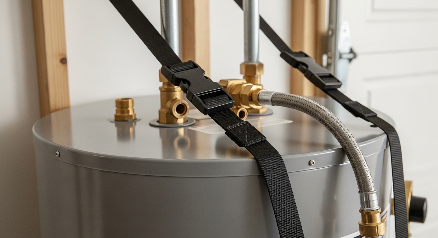 A water heater properly secured to a wall with seismic straps to prevent tipping during an earthquake.