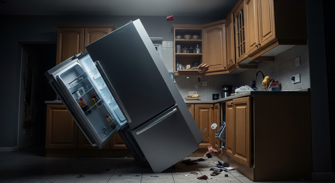 An unsecured refrigerator tipping over during an earthquake, posing a significant hazard.