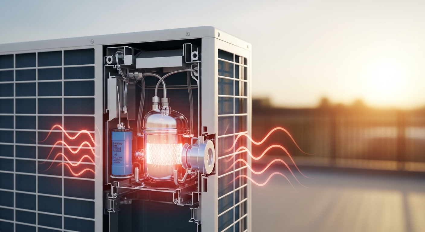 An air conditioning unit's outdoor compressor, which is prone to overheating in the summer.