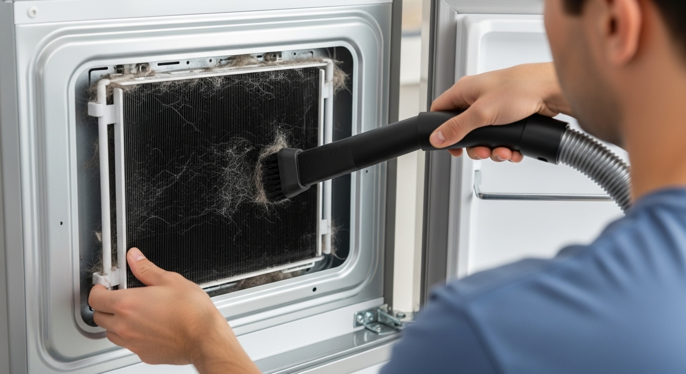 A person cleaning dusty refrigerator condenser coils with a brush to improve efficiency.