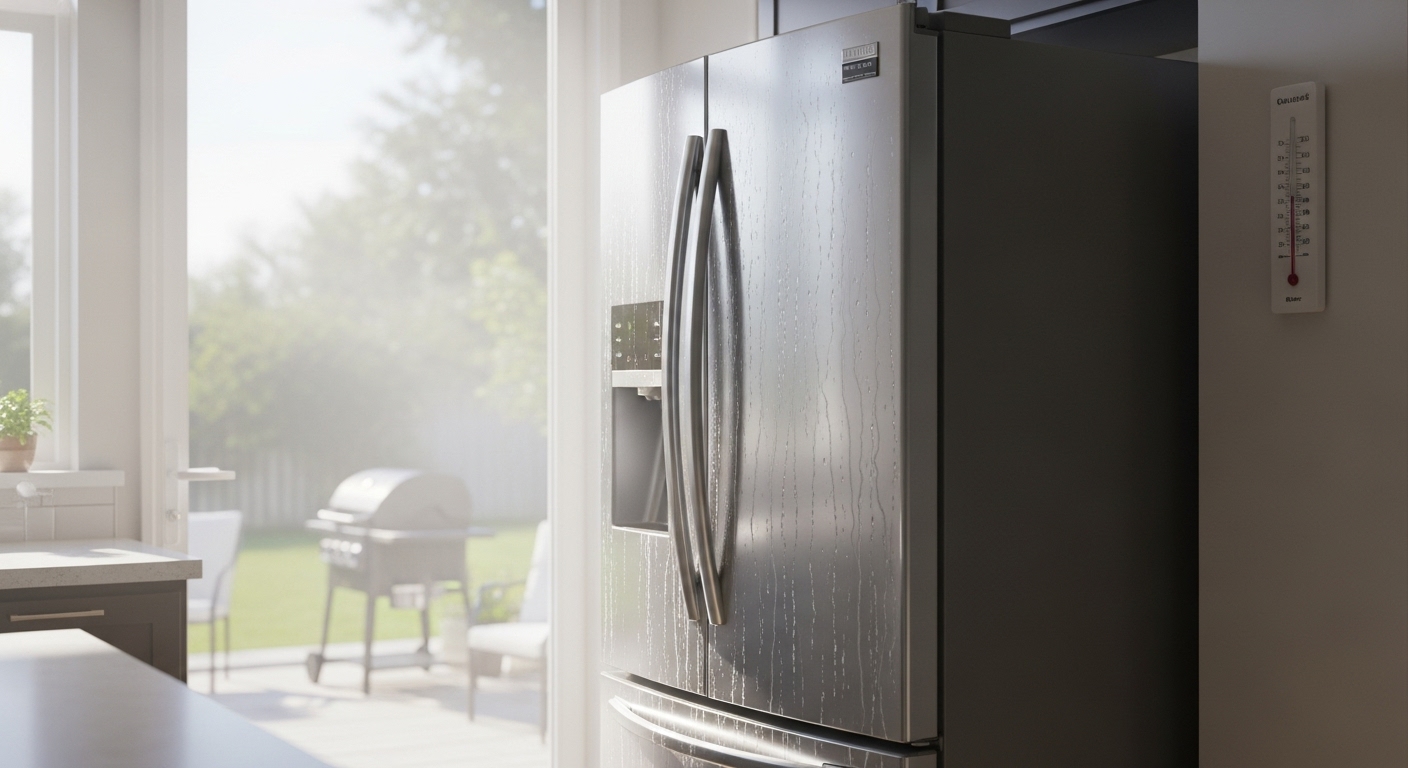 A refrigerator covered in condensation, sweating from the summer heat.